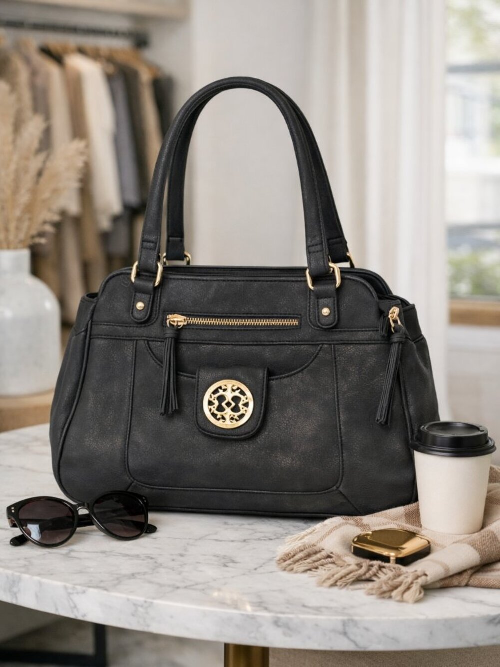 Charcoal Gray Vegan Leather Shoulder Bag Gold Hardware